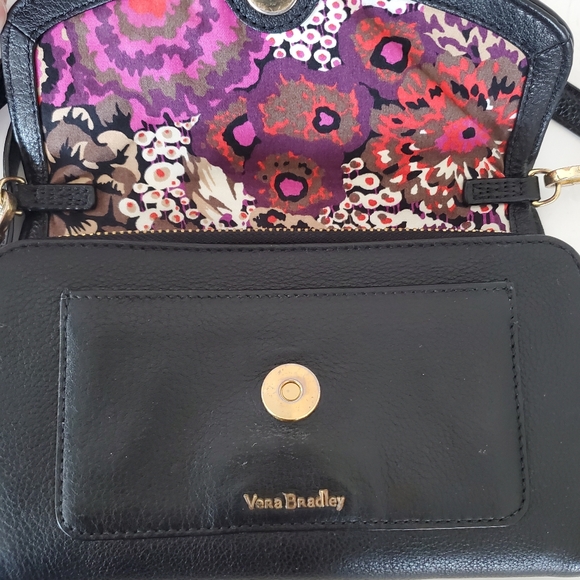 VERA BRADLEY Black Leather Crossbody Zip Wallet Handbag Floral Lining Pockets A+ - Picture 11 of 16